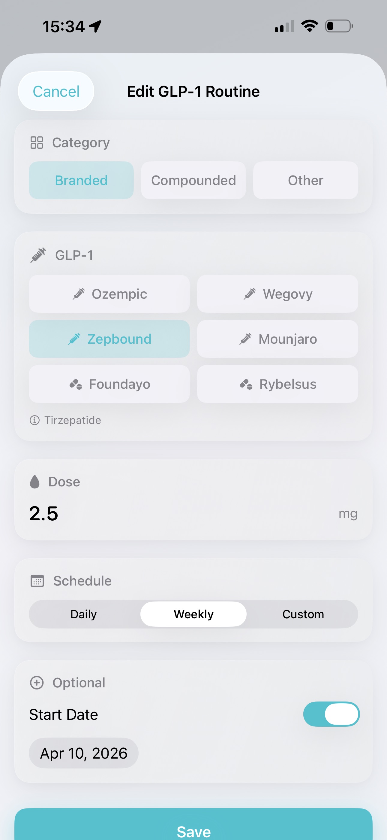 GLP-1 Journal medication tracking screen